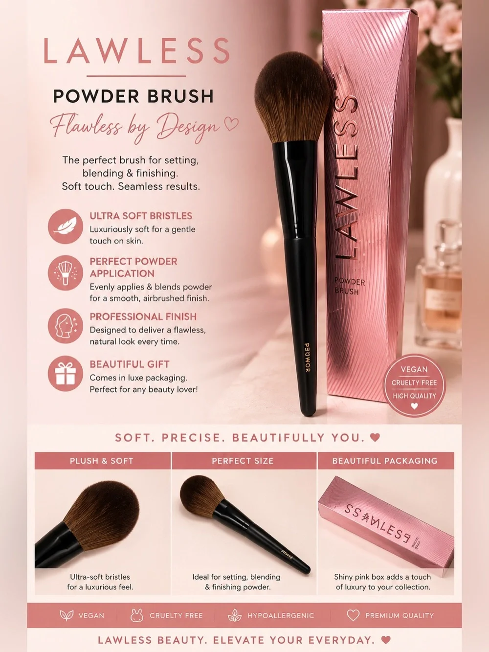 LAWLESS Pink & Black Powder Brush - Plush Vegan Face Brush